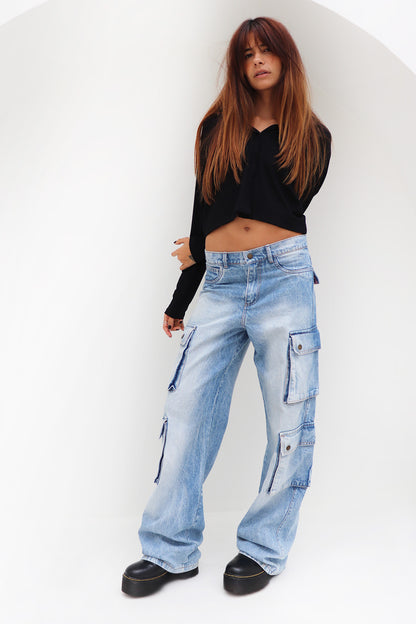 CALÇA  JEANS CARGO COM BOLSOS BLUE