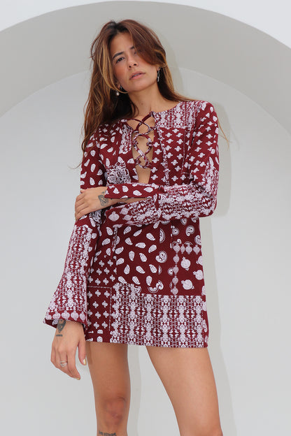 VESTIDO BOHEMIAN ESTAMPADO CASHMERE WINE